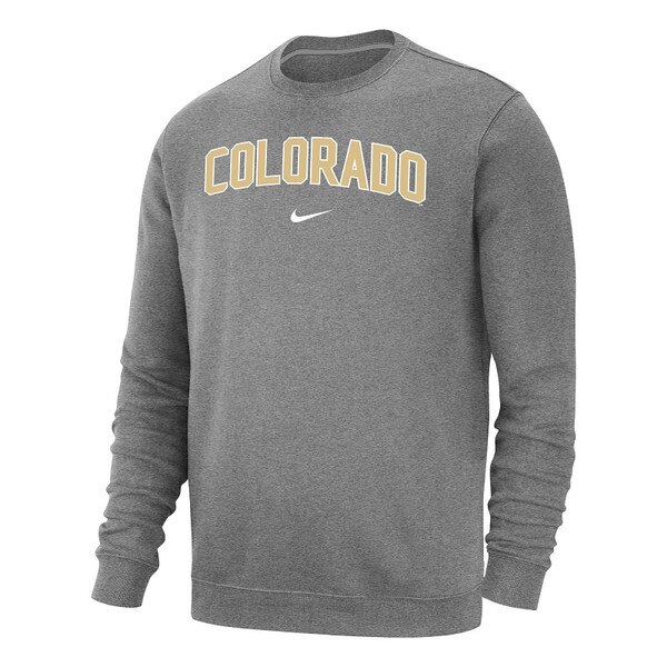 A gray crewneck with Colorado in Vegas Gold lettering and a Nike swoosh underneath.